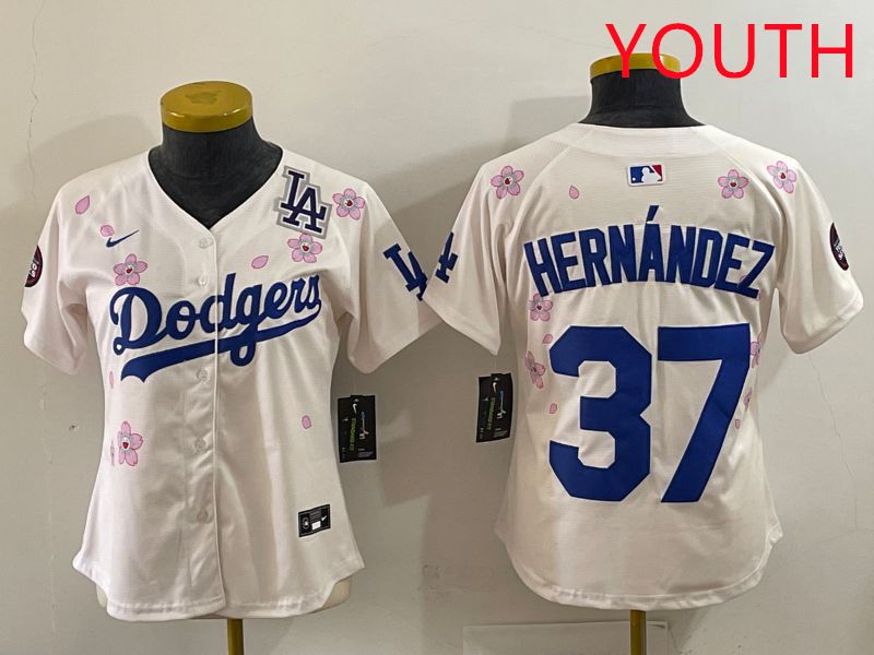 Youth Los Angeles Dodgers 37 Hernandez Cream Sakura Edition 2025 Nike MLB Jersey style 40